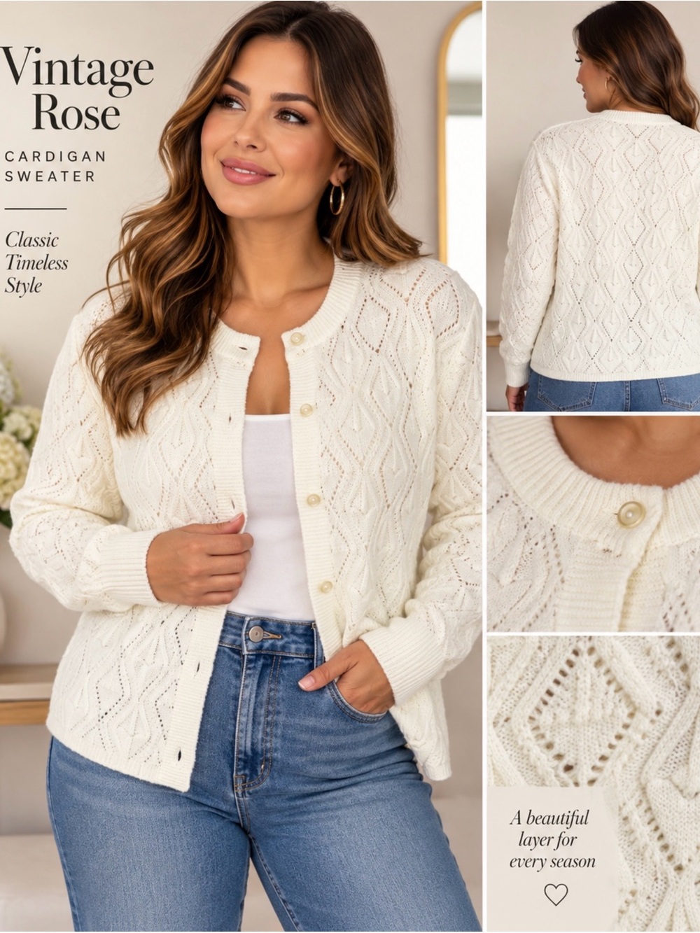 Vintage Rose Ivory Cable Knit Cardigan Sweater Size 38 Button Front